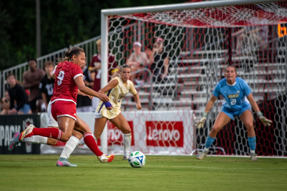 Redshirt senior forward Tierra Garniss shoots the ball during the game against James Madison at Dail Soccer Field on Thursday, Aug. 14, 2025. The Dukes beat the Wolfpack 3-0.