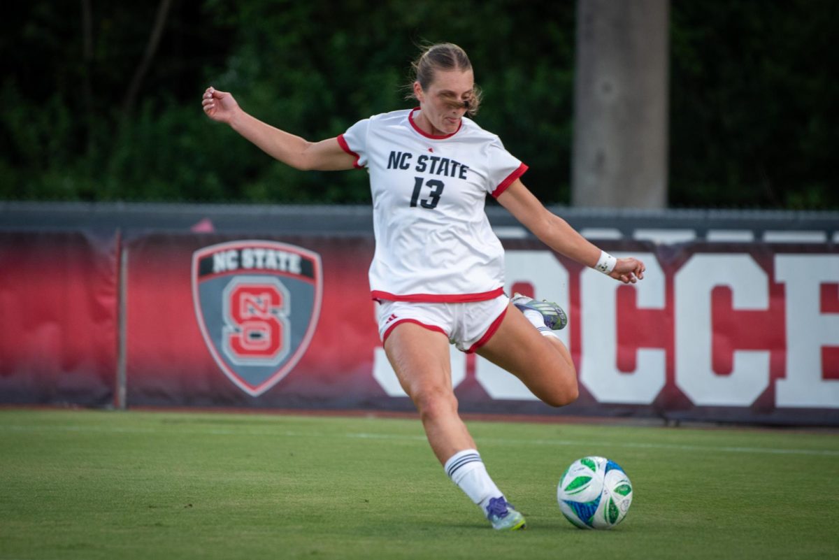 Junior forward Jade Bordeleau crosses the ball during the game against Western Carolina at Dail Soccer Stadium on Wednesday, Aug. 27, 2025. Bordeleau scored two goals. The Wolfpack lost to the Catamounts 3-2.