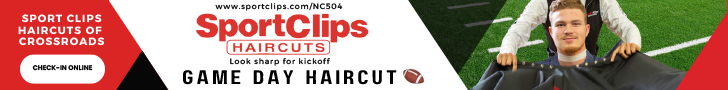 Sport Clips Haircuts promotional banner with a man getting a haircut and a football field in the background.