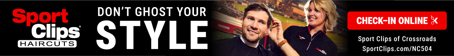 Promotional banner for Sport Clips Haircuts with the text 'DON'T GHOST YOUR STYLE' and an image of a stylist cutting a man's hair.