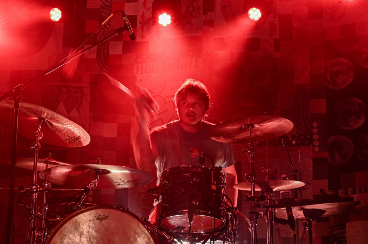 Drummer Juice Welch of The Backseat Lovers performing at the Cat’s Cradle in Carrboro on Sept. 17, 2025. The Backseat Lovers are a rock band from Provo, Utah created in 2018.