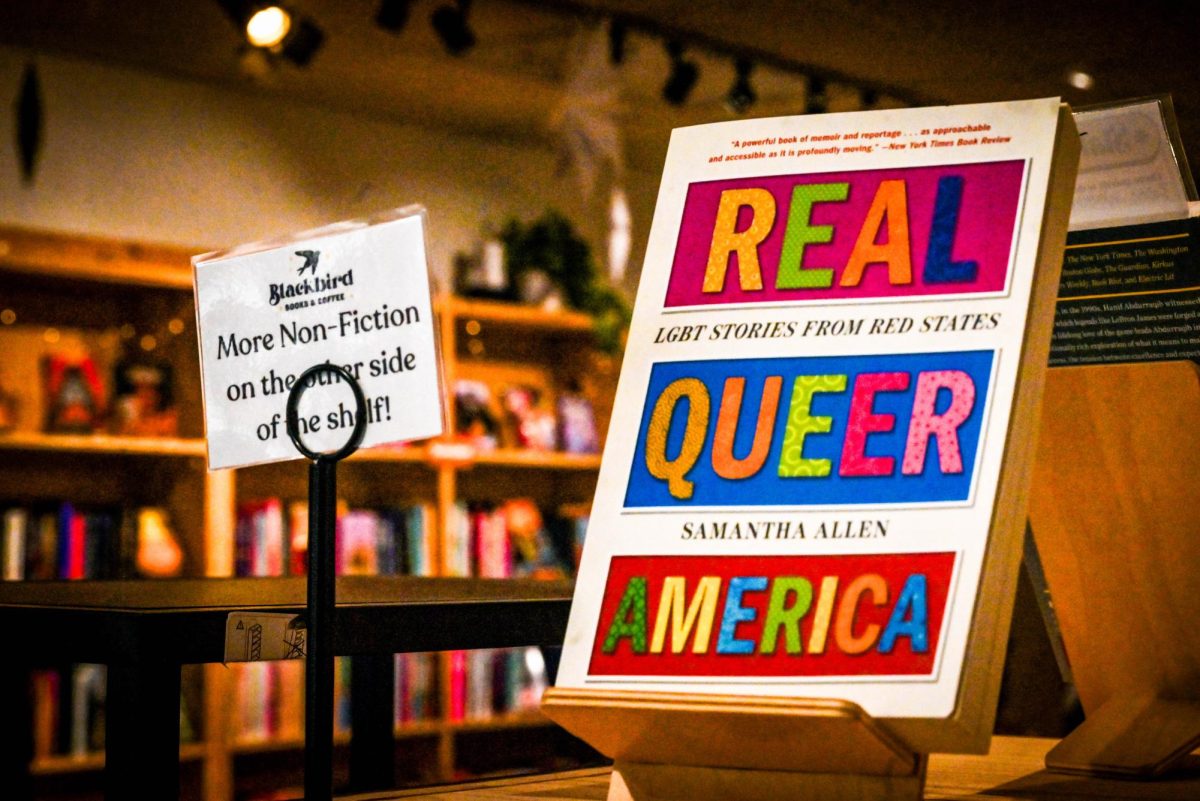 A copy of "Real Queer America" by Samantha Allen is displayed in Blackbird Books and Coffee on Saturday, Sept. 27, 2025. The shop promotes a message of support and inclusion to all. 