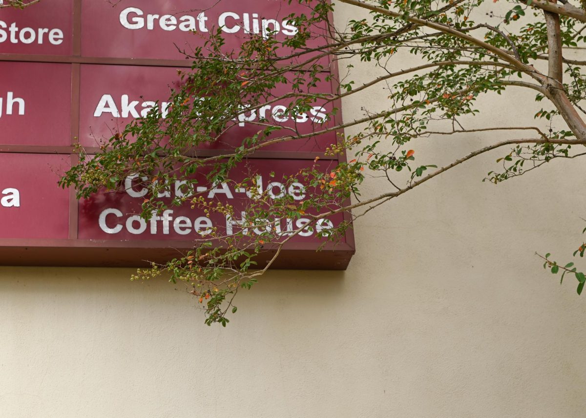 A advertisment covered by branches at Cup A Joe Mission Valley on Friday. Sept. 26, 2025. After being closed for three years, the location reopened on Aug. 11, 2025. 