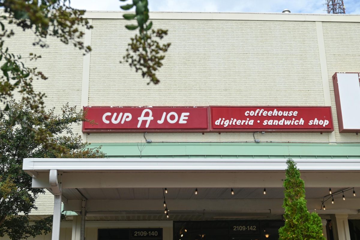 Advertising sign at Cup A Joe Mission Valley on Friday. Sept. 26, 2025. After being closed for three years, the location reopened on Aug. 11, 2025. 