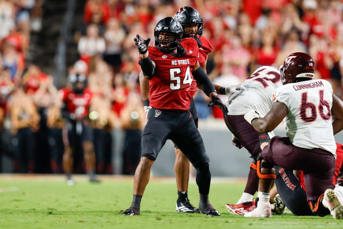 Senior defensive end Sabastian Harsh celebrates after getting a sack during the game against Virginia Tech on Saturday, Sept. 27, 2025. Harsh had seven tackles and one sack. NC State lost to Virginia Tech 23-21.