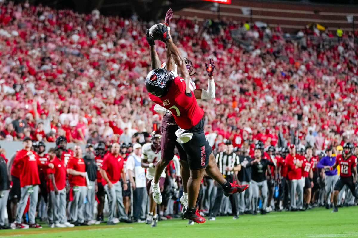 Senior tight end Justin Joly catches the ball in the air during the game against Virginia Tech on Saturday, Sept. 27, 2025. Joly caught six receptions for 60 yards. NC State lost to Virginia Tech 23-21.