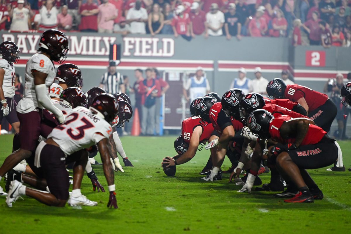 Redshirt senior long snapper Jake Mann snaps the balll during the game against Virginia Tech at Carter-Finley Stadium on Saturday, Sept. 27, 2025. The Wolfpack fell to the Hokies 23-21.