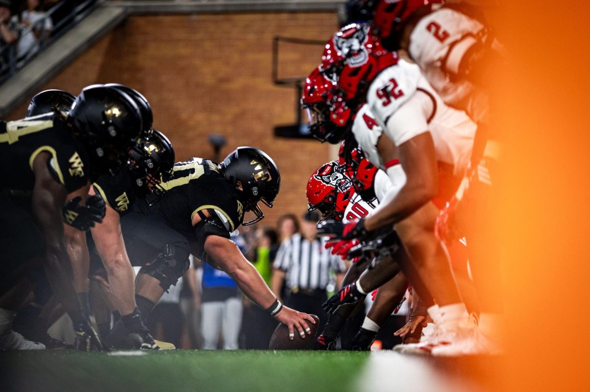 NC State lines up during the game against Wake Forest in Allegacy Stadium on Thursday, Sept. 11, 2025. The Wolfpack beat the Demon Deacons 34-24.