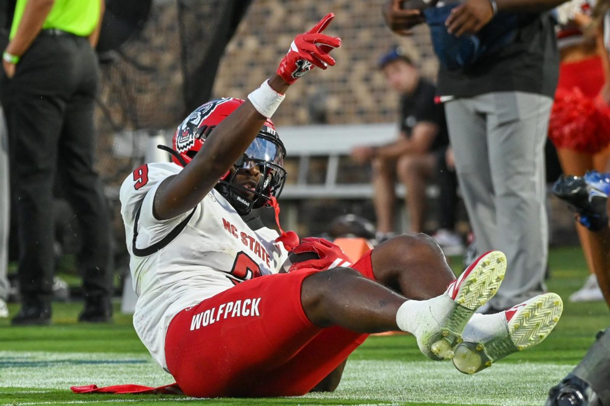 Sophomore wide receiver Terrell Anderson points downfield after a first down during the game against Duke at Wallace Wade Stadium on Saturday, Sept 20. 2025. Anderson had two touchdowns. NC State fell to Duke 45-33.