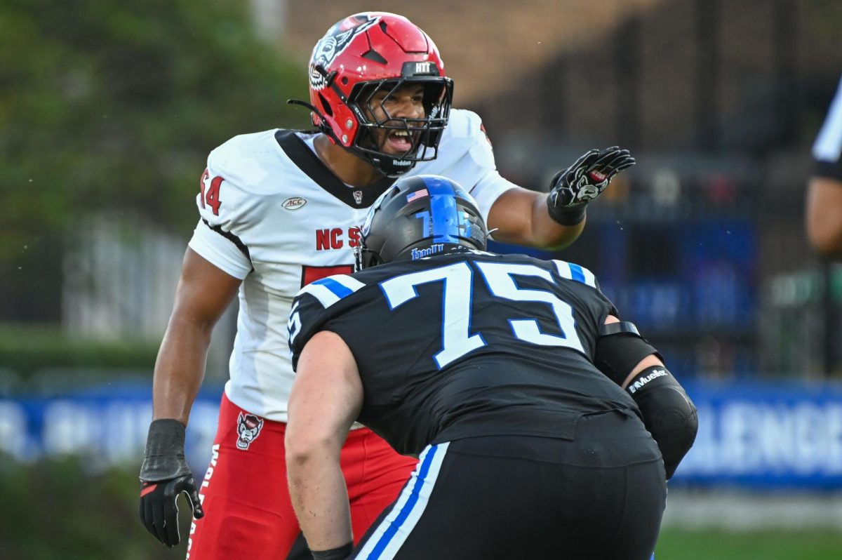 Redshirt-sophomore offensive lineman Rico Jackson yells out during the game against Duke at Wallace Wade Stadium on Saturday, Sept 20. 2025. NC State fell to Duke 45-33.
