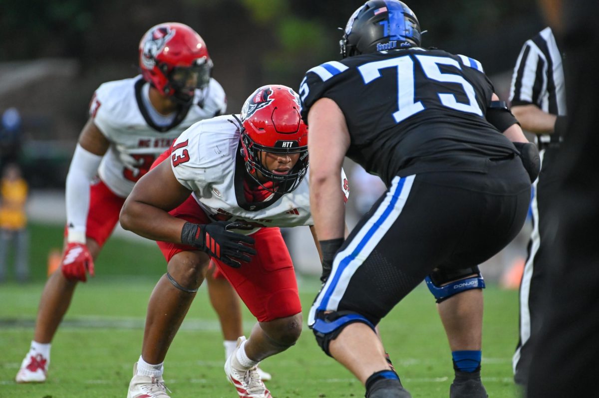 Graduate defensive end Travali Price prepares for the ball to be snapped during the game against Duke at Wallace Wade Stadium on Saturday, Sept 20. 2025. Price had one sack. NC State fell to Duke 45-33.