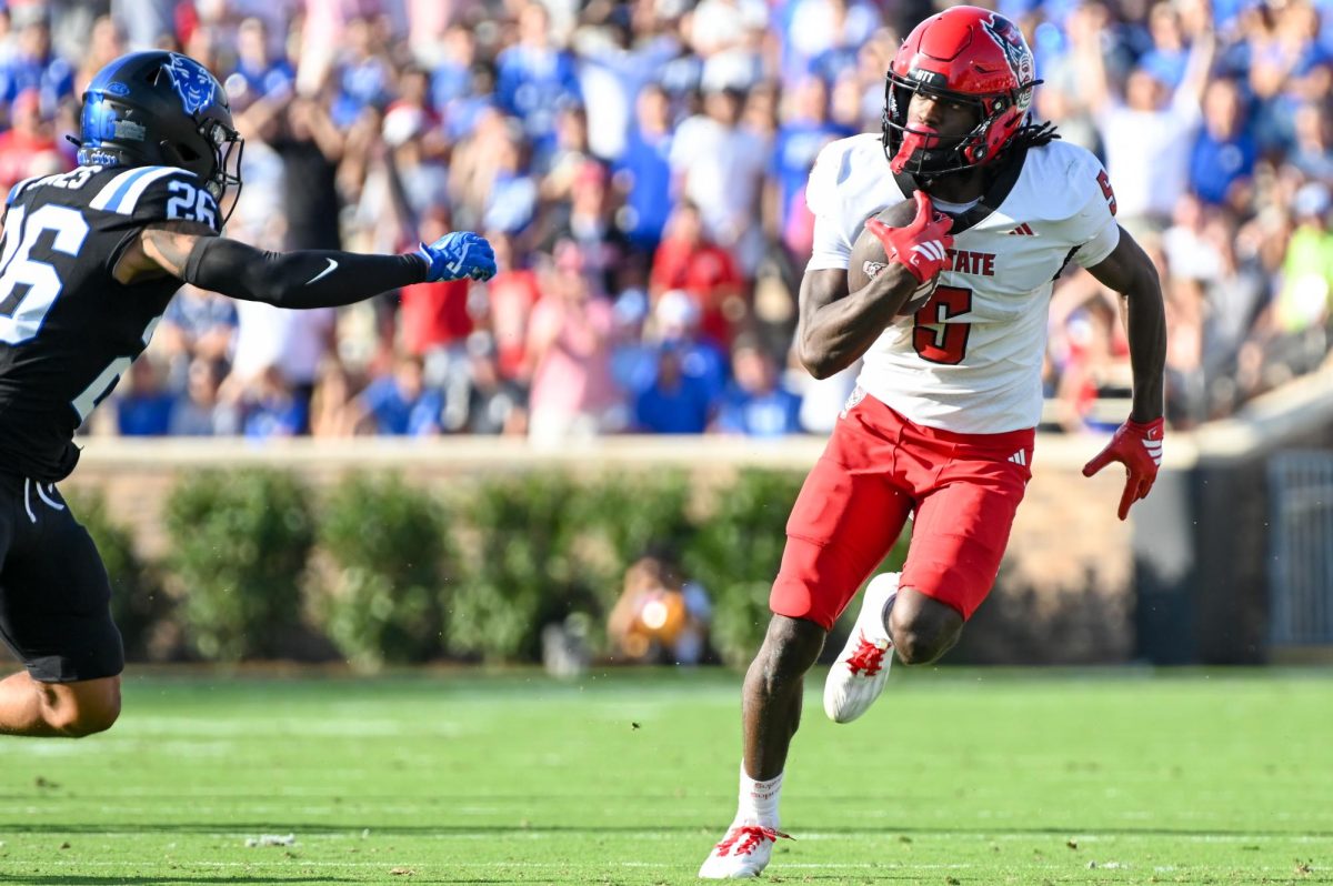 Redshirt-sophomore wide receiver Noah Rogers looks at the defender during the game against Duke at Wallace Wade Stadium on Saturday, Sept 20. 2025. Rogers had 48 yards on three receptions. NC State fell to Duke 45-33.