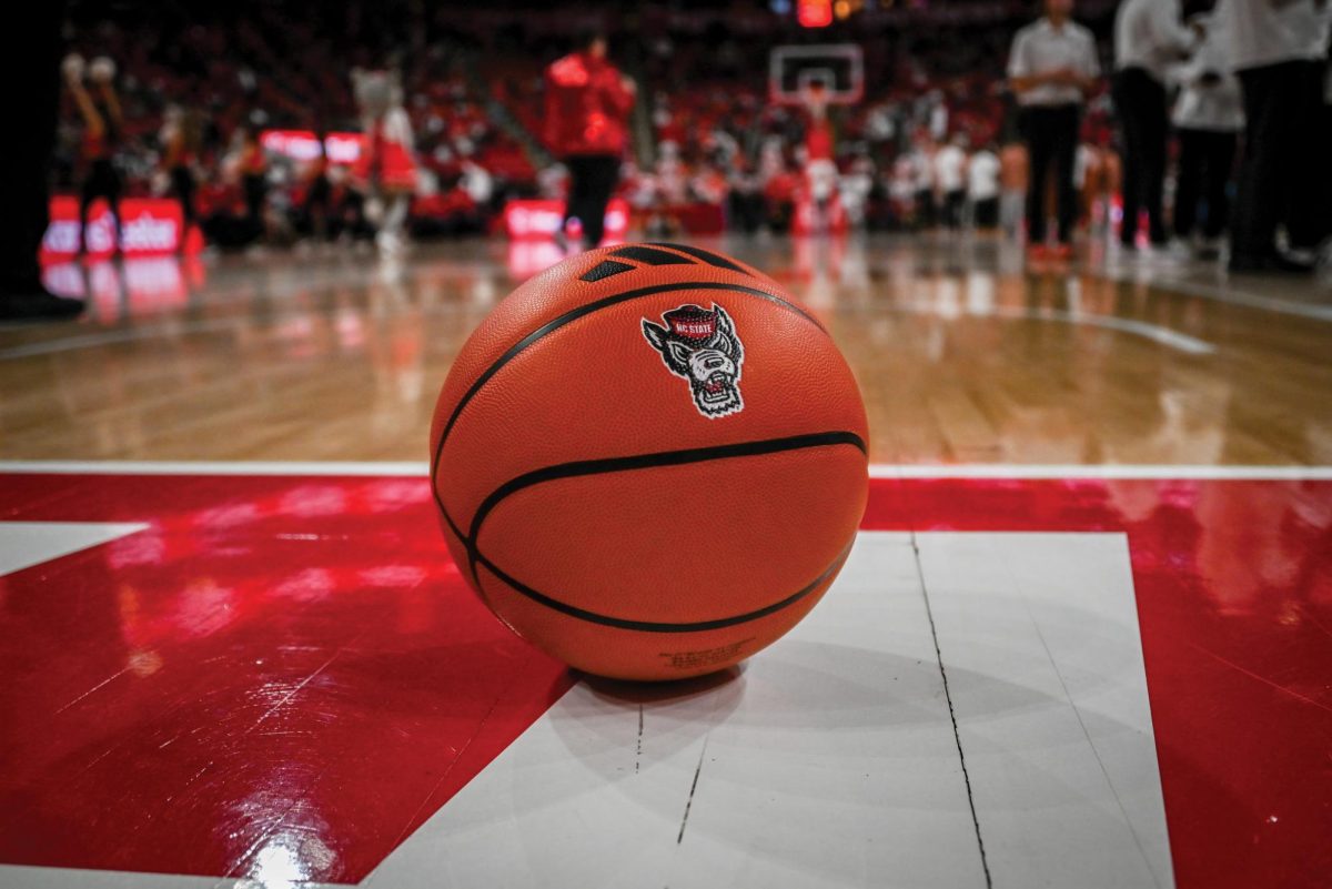 A basketball is left on the endline in a timeout during the Wolfpack’s home game against the Texas Longhorns in the Lenovo Center on Wednesday, Dec. 4, 2024. The Longhorns beat the Wolfpack 63-59.