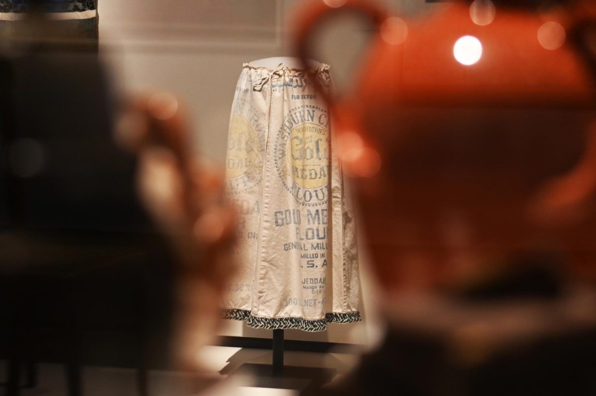 A feedsack dance skirt is visible between two vases in the Your Brain on Art exhibit at the Gregg Museum of Art and Design on Friday, Sept. 12, 2025. The exhibit reimagines the Gregg's collection through the lens of neuroscience and explores how art affects us.