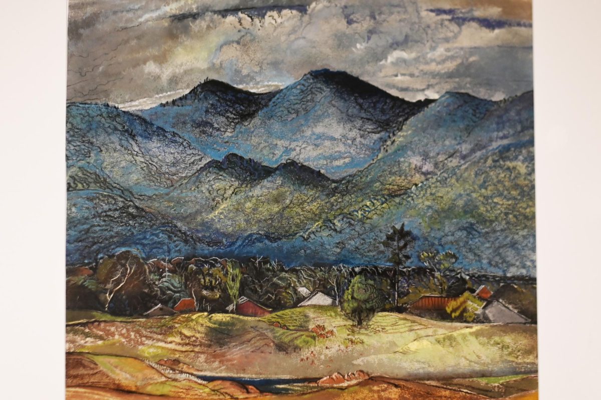 An untitled landscape with blue mountains by Will Henry Stevens is displayed in the Your Brain on Art exhibit at the Gregg Museum of Art and Design on Friday, Sept. 12, 2025. The exhibit reimagines the Gregg's collection through the lens of neuroscience and explores how art affects us.