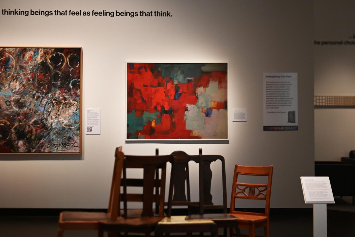 An abstract painting by George Bireline is displayed in the Your Brain on Art exhibit at the Gregg Museum of Art and Design on Friday, Sept. 12, 2025. The exhibit explores the connection between art and neuroscience and encourages visitors to examine how works of art make them think and feel.