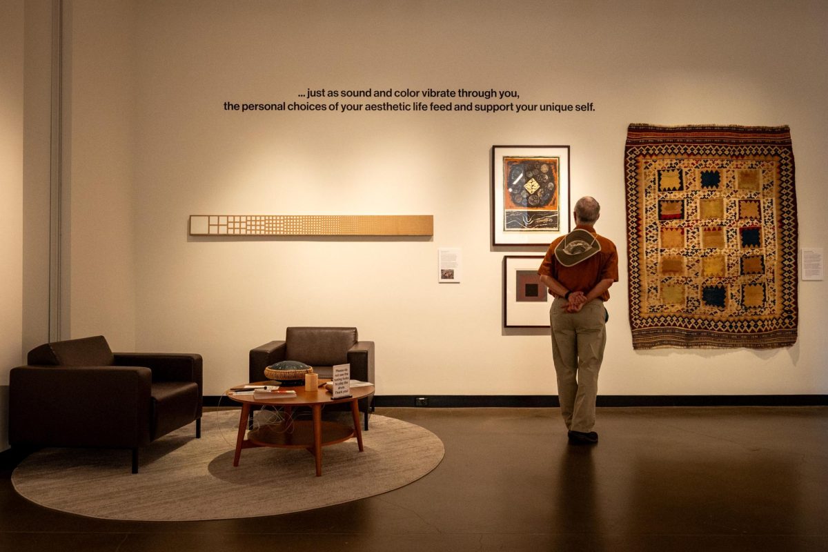 An anonymous spectator looks through the Your Brain on Art exhibit in the Gregg Museum of Art and Design on Friday, Sept. 12, 2025. The Gregg Museum of Art & Design at NC State University encourages exploration through multiple engaging exhibitions every year.