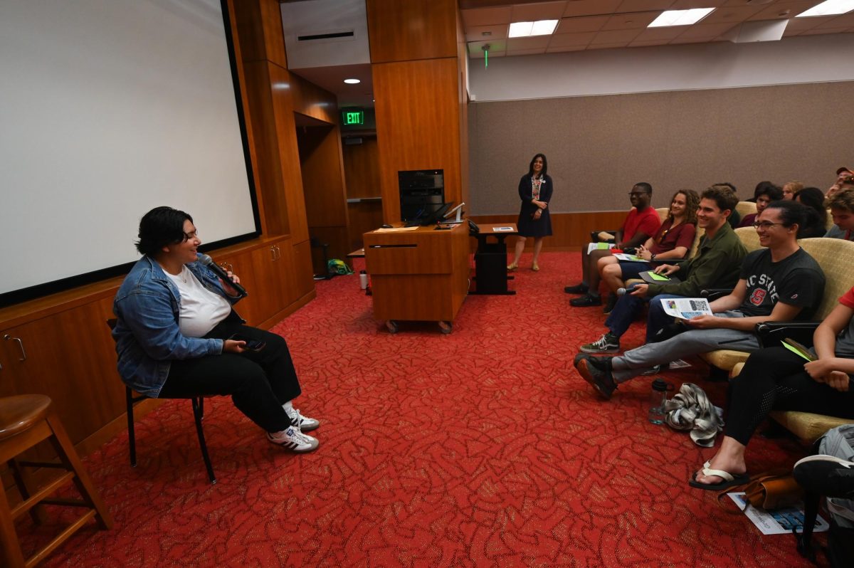 Mari Fabian, an NC State Alumnus, answers student questions during the "Growing Pains" Film Screening at D.H. Hill Library on Thursday, Aug. 27, 2025. At the end of the event, Fabian opened the room for a Q&A about the film she co-wrote, "Growing Pains."