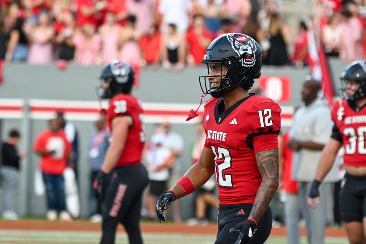 Freshman wide receiver Teddy Hoffman smiles in warmups before the game against Virginia Tech at Carter-Finley Stadium on Saturday, Sept. 27, 2025. Hoffman had one reception. NC State lost to Virginia Tech 23-21.