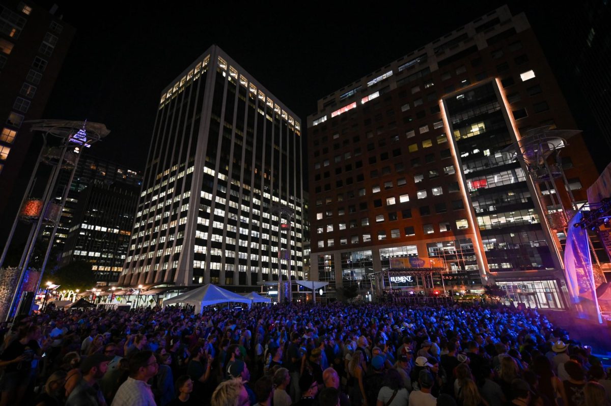 Music fans pack in to the City Plaza stage on day two of the Hopscotch Music Festival in Raleigh, NC on Friday, Sep. 5, 2025. My Morning Jacket headlined day two.
