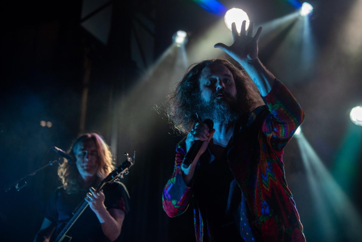 My Morning Jacket lead vocalist Jim James makes a pose while performing on day two of the Hopscotch Music Festival in Raleigh, NC on Friday, Sept. 5, 2025. My Morning Jacket headlined the stage at City Plaza.