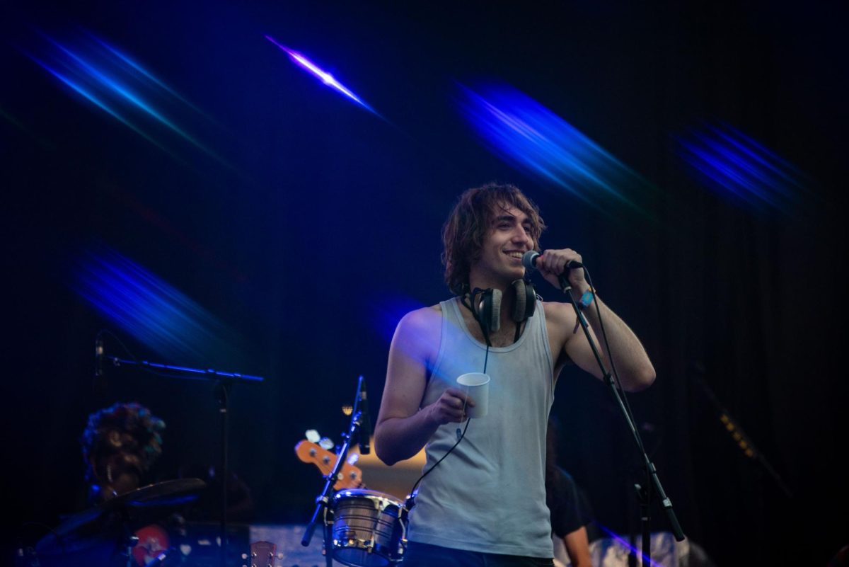 Geese lead vocalist Cameron Winter smiles while talking to the crowd during day two of the Hopscotch Music Festival in Raleigh on Friday, Sept. 5, 2025. Geese served as a headliner on the City Plaza stage along with bands like My Morning Jacket.
