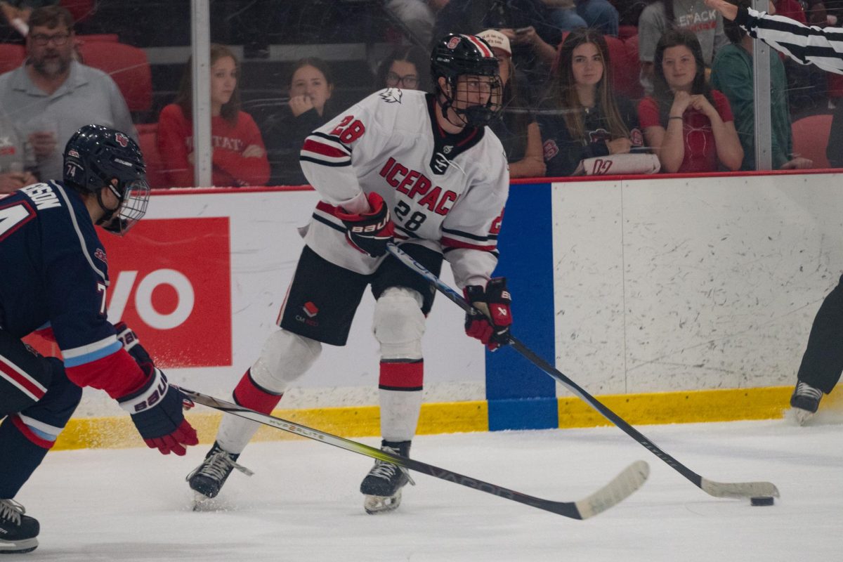 Sophomore forward Jake Gifford takes control of the puck during the game against Liberty at Invisalign Arena on Friday, Sept 12, 2025. Gifford recorded one assist. Icepack fell to Liberty 4-2.
