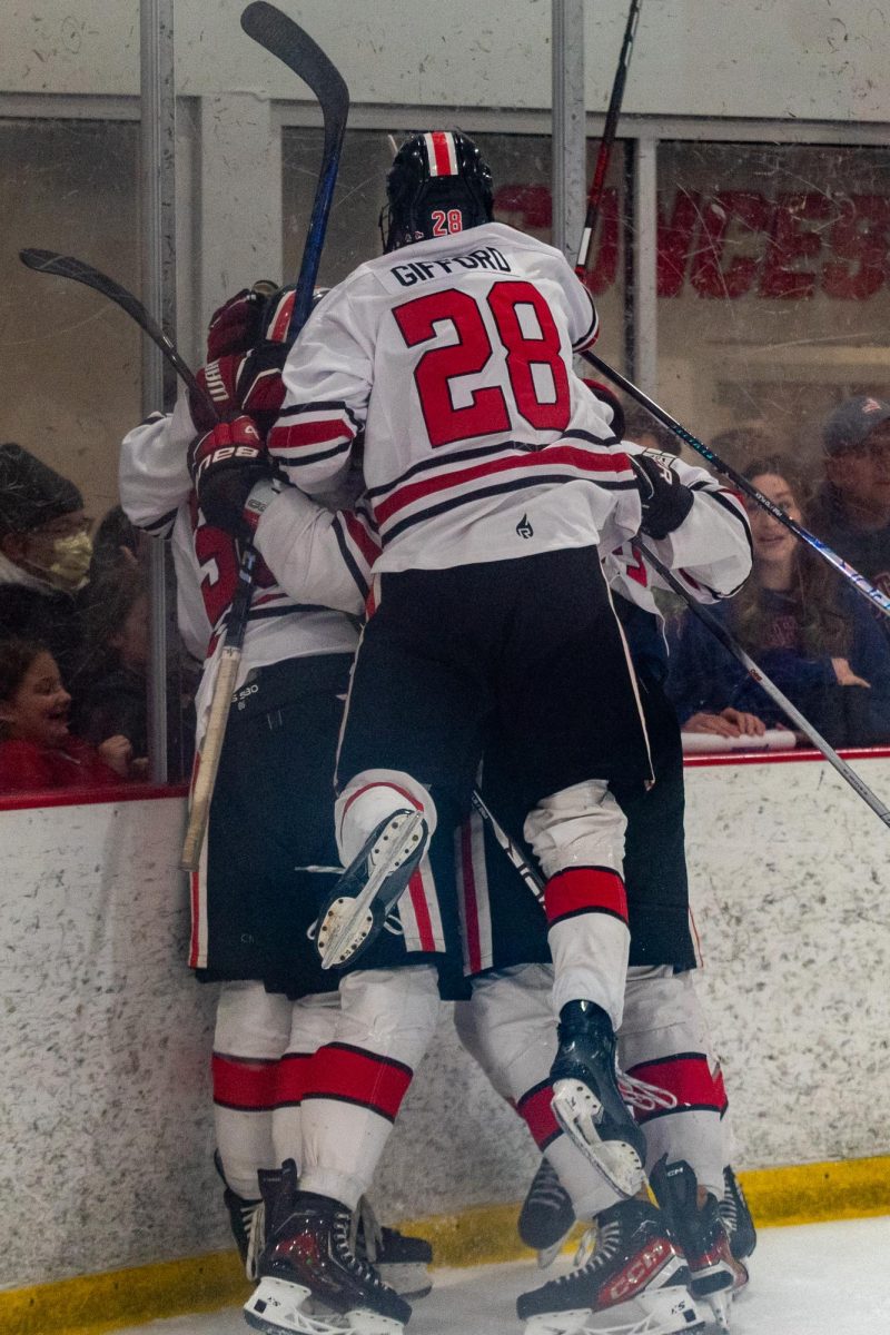 Sophomore forward Jake Gifford jumps into the team celebration during the game against Liberty at Invisalign Arena on Friday, Sept 12, 2025. Gifford recorded one assist. Icepack fell to Liberty 4-2.
