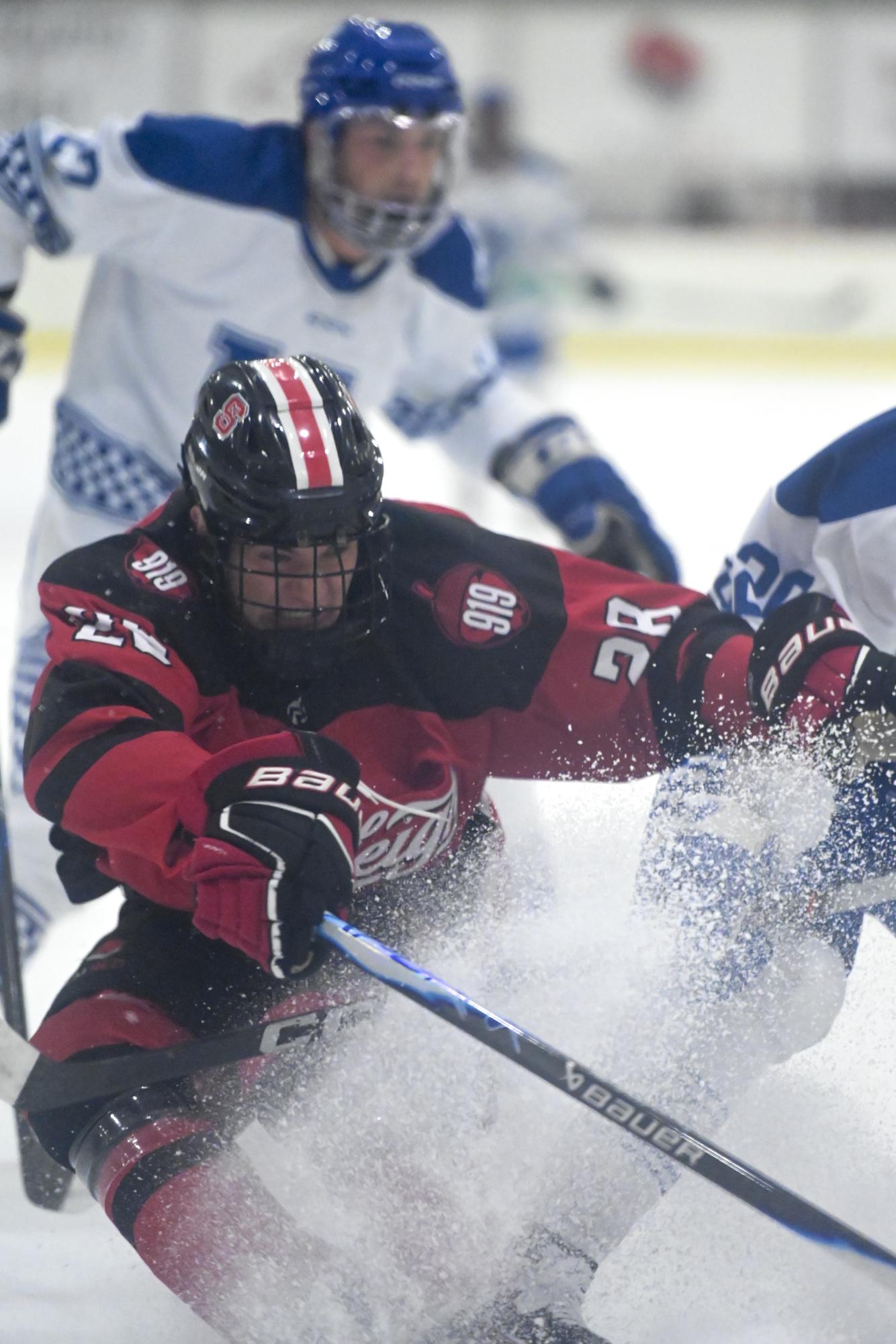 Sophomore forward Jake Gifford goes to block a shot during the game against Kentucky at Invisalign Arena on Friday, Sept 19, 2025. NC State beat Kentucky 4-3.