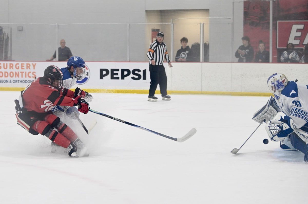 Sophomore forward Jake Gifford shoots the puck during the game against Kentucky at Invisalign Arena on Friday, Sept 19, 2025. Gifford scored one point in the game. NC State beat Kentucky in shootout 4-3.