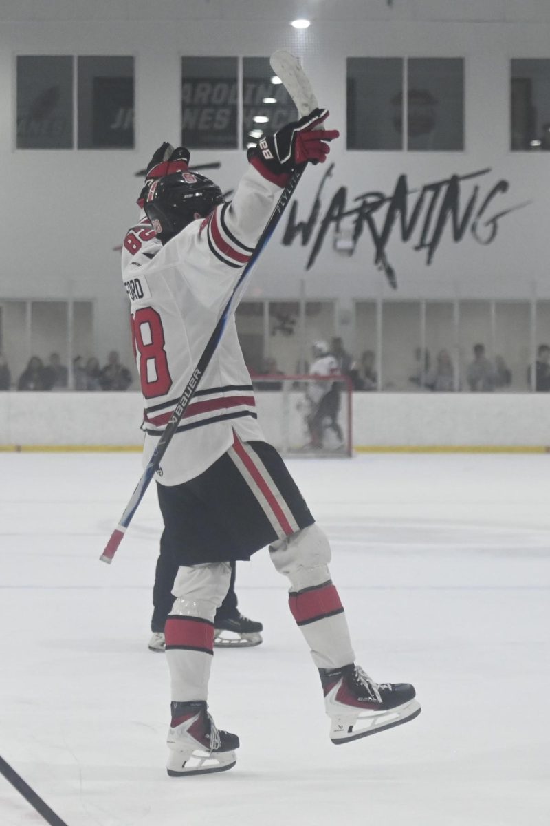 Sophomore forward Jake Gifford celebrates after scoring a goal during the game against Maryland at Invisalign Arena on Friday, Sept 26, 2025. NC State beat Maryland 4-1. 