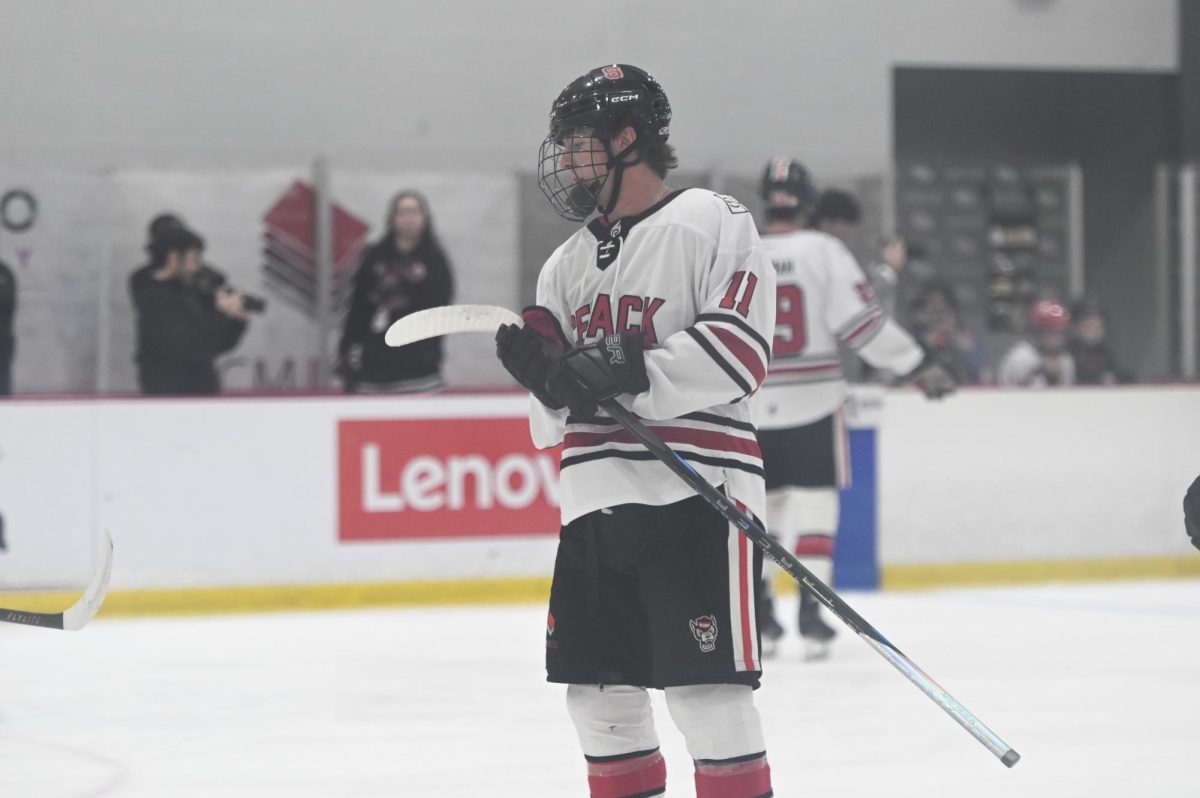 Sophomore forward Reece Johnson warms up during the game against Maryland at Invisalign Arena on Friday, Sept 26, 2025. NC State beat Maryland 4-1. 