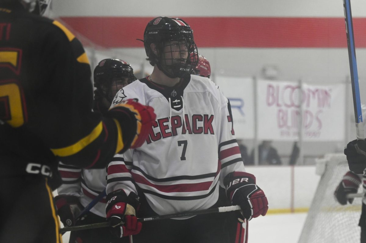Freshman forward Ben Paterson stares down an opponent during the game against Maryland at Invisalign Arena on Friday, Sept 26, 2025. NC State beat Maryland 4-1. 