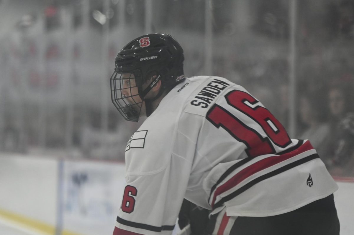 Sophomore defenseman Tait Sawden scans the ice during the game against Maryland at Invisalign Arena on Friday, Sept 26, 2025. NC State beat Maryland 4-1. 