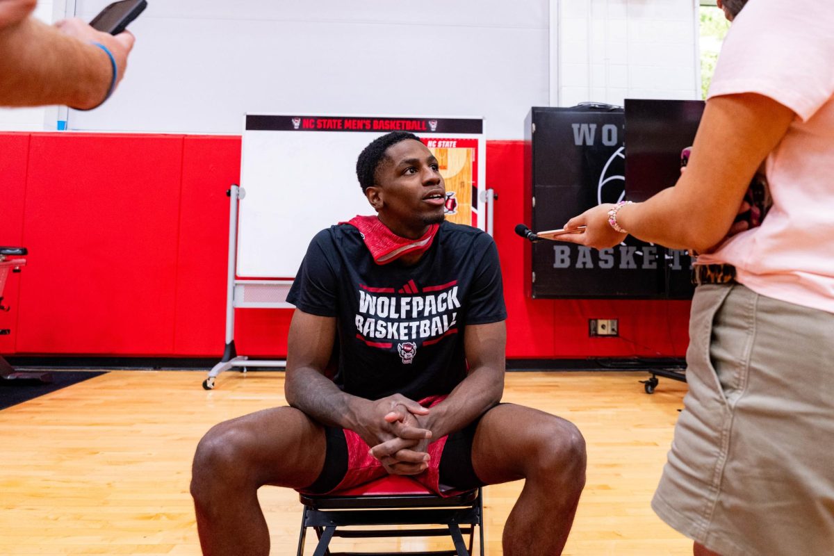Redshirt junior guard Terrance Arceneaux listen to the media aska question before the first official practice of the 2025-2026 season on Monday, Sept. 22, 2025, inside the Dail Basketball Center. The annual media availability marked the start of another Wolfpack basketball season.