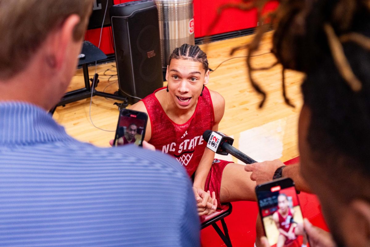 Freshman guard Matt Able speaks to the media before the first official practice of the 2025-2026 season on Monday, Sept. 22, 2025, inside the Dail Basketball Center. The Men’s Basketball program hosted the media for 30 minutes before practice inside the Dail Basketball Center.