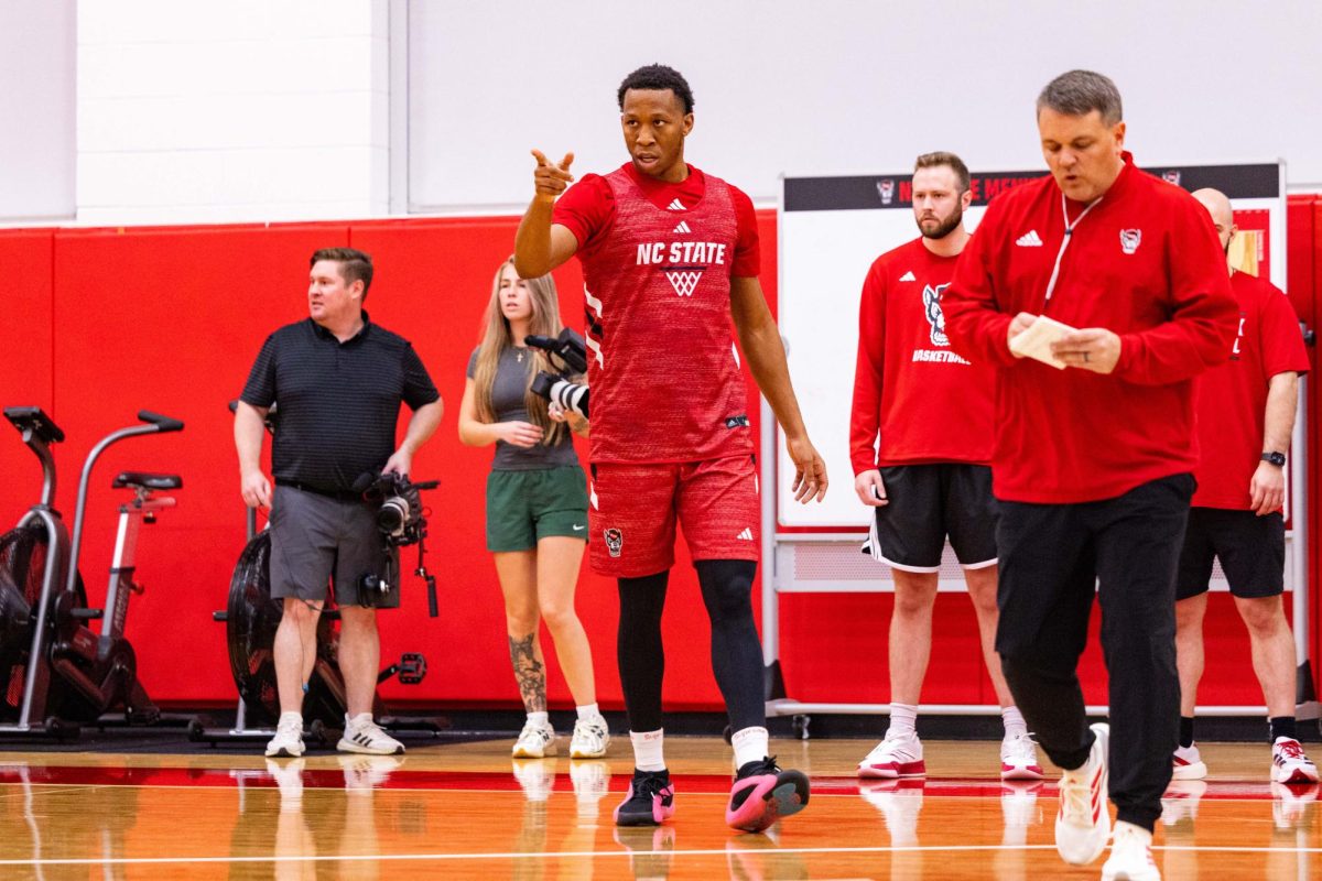 Senior guard Quadir Copeland points during a drill during the first official practice of the 2025-2026 season on Monday, Sept. 22, 2025, inside the Dail Basketball Center. The event gave reporters a chance to watch the Wolfpack up close as the team prepared for the upcoming season.