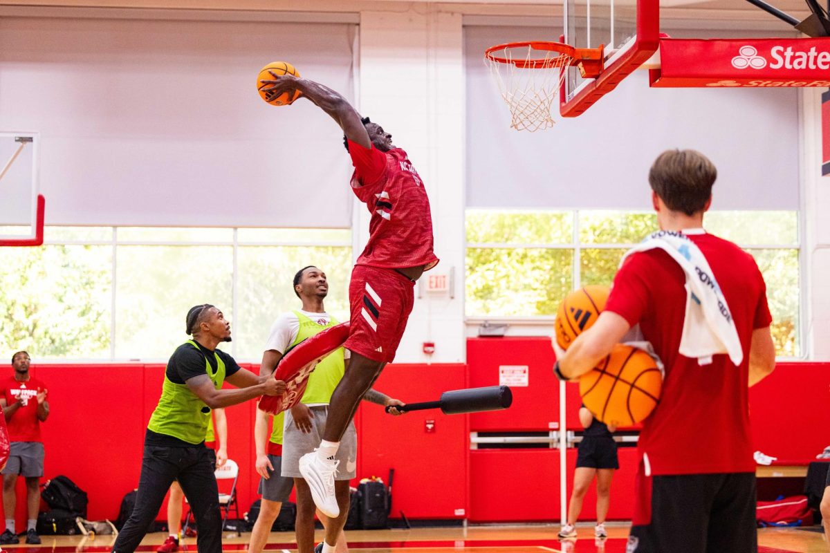 Senior center Scottie Ebube gets full extension for a dunk during the first official practice of the 2025-2026 season on Monday, Sept. 22, 2025, inside the Dail Basketball Center. This practice marked the official start of practice and offered insight into Wade’s approach in his first year leading it.