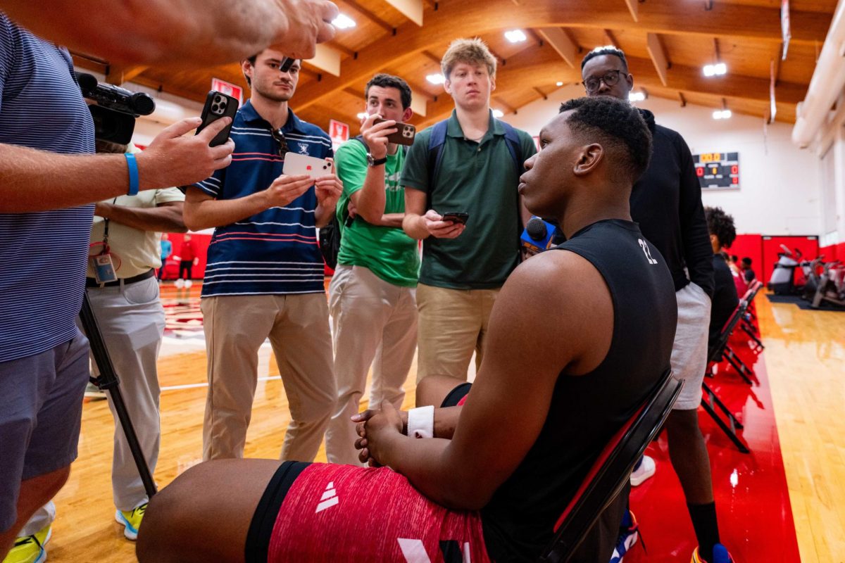 Senior forward Ven-Allen Lubin listens to a reporter ask a question before the first official practice of the 2025-2026 season on Monday, Sept. 22, 2025, inside the Dail Basketball Center. The Men’s Basketball program hosted the media for 30 minutes before practice inside the Dail Basketball Center.