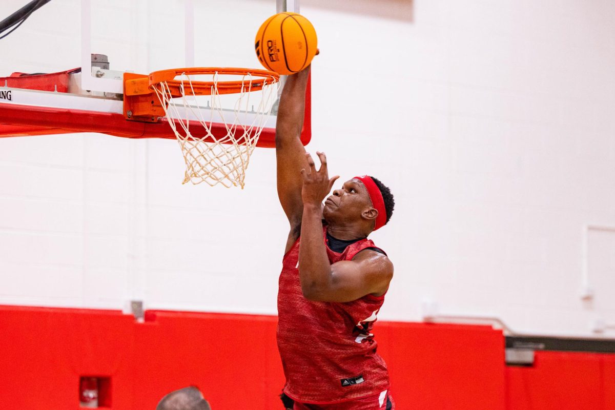 Senior forward Ven-Allen Lubin dunks the ball during the first official practice of the 2025-2026 season on Monday, Sept. 22, 2025, inside the Dail Basketball Center. The annual media availability marked the start of another Wolfpack basketball season.