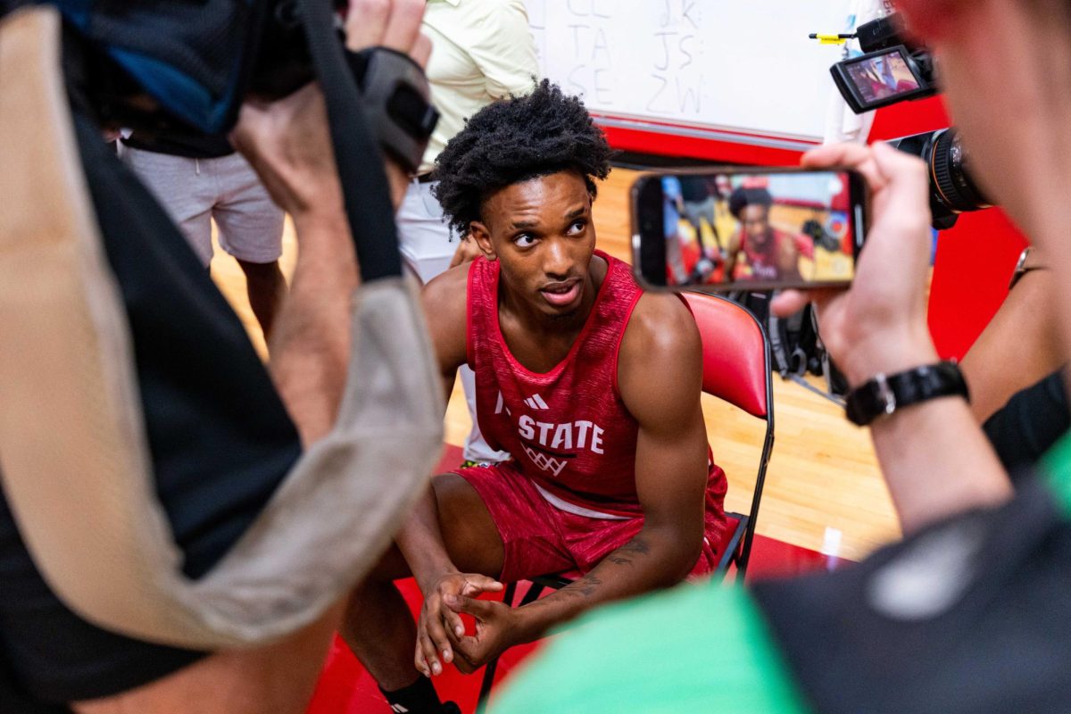 Sophomore guard Paul McNeil speaks to a reporter before the first official practice of the 2025-2026 season on Monday, Sept. 22, 2025, inside the Dail Basketball Center. The Men’s Basketball program hosted the media for 30 minutes before practice inside the Dail Basketball Center.