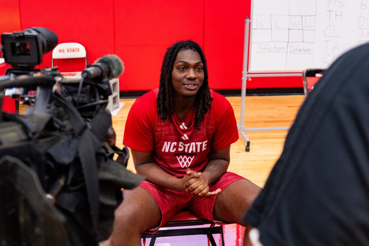 Freshman forward Zymicah Wilkins speaks to the media before the first official practice of the 2025-2026 season on Monday, Sept. 22, 2025, inside the Dail Basketball Center. The annual media availability marked the start of another Wolfpack basketball season.