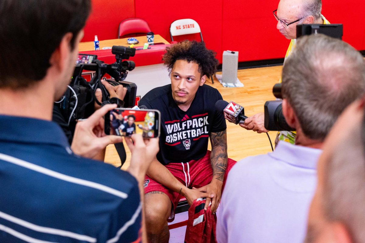 Senior forward Darrion Williams listens to the media ask a question before the first official practice of the 2025-2026 season on Monday, Sept. 22, 2025, inside the Dail Basketball Center. The media session offered reporters a closer look at the Wolfpack as preparations for the new season began.