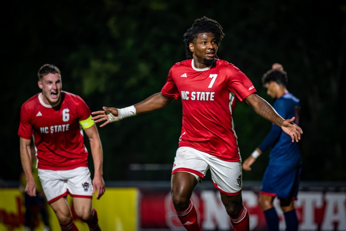 Junior forward Donovan Phillip celebrates his goal during the game against FAU in Dail Soccer Stadium on Saturday, Sept. 13, 2025. The Wolfpack defeated the Owls 2-0.