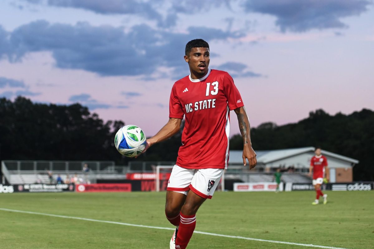 Senior defender Calem Tommy throws the ball back onto the field during the match versus FIU at Dail Soccer Field on Sunday, Aug. 24, 2025. NC State beat FIU 2-0.