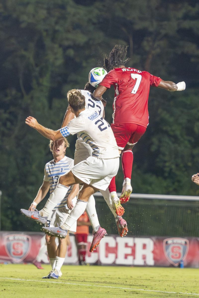 Redshirt junior forward Aidan Payne falling back to defend during the men's soccer match against UNC-Chapel Hill at Dail Soccer Field on Friday, Sept. 5, 2025. Payne had one shot on goal. NC State tied with UNC 0-0.