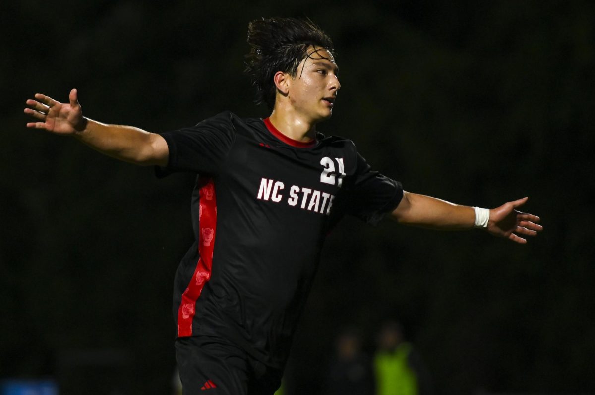 Fifth-year midfielder Max Ogawa celebrates after his goal during the match against William & Mary at Dail Soccer Stadium on Thursday, Sept. 16, 2025. Ogawa scores two goals. NC State beat William & Mary 7-0. 