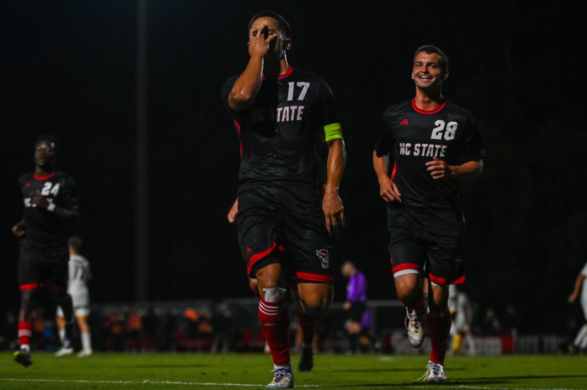 Senior midfielder Caden Tolentino celebrates during the game against William & Mary at Dail Soccer Stadium on Tuesday, Sept 16, 2025. Tolentio scored one goal in one shot on goal. NC State beat William & Mary 7-0.
