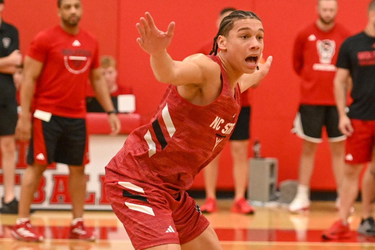 Freshman guard Matt Able yells in a defense drill during the open media practice inside the Dail Center on Monday, Sept. 22, 2025. The men’s basketball program hosted the media for the first 30 minutes of its first official practice for the 2025-26 basketball season. 