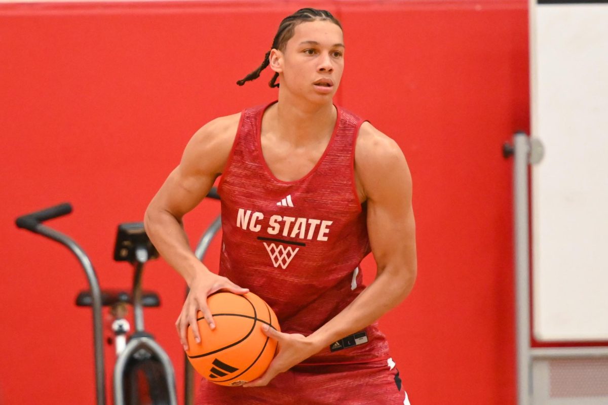 Freshman guard Matt Able surveys the court during the open media practice inside the Dail Center on Monday, Sept. 22, 2025. The men’s basketball program hosted the media for the first 30 minutes of its first official practice for the 2025-26 basketball season.